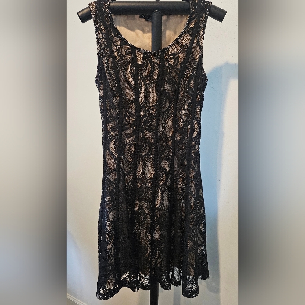 Candalite Women's Black Lace Fit & Flare Mini Dress, Nude Lining, 4P